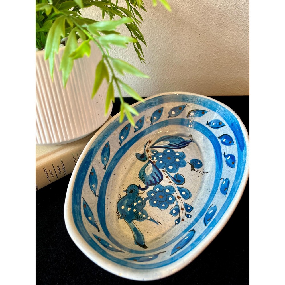 Vintage Tonala Style Mexican Pottery Bowl Blue Bird Floral Hand Painted 11"